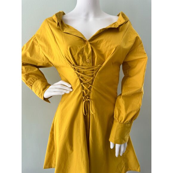 Haute Monde Yellow Corset Lace Up Button Down Mini Shirt Dress size Medium - Picture 5 of 8
